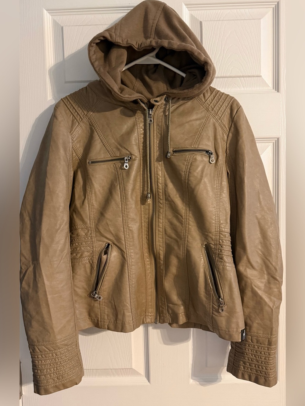Made By Johnny Tan Faux Leather Hooded Moto Jacket Size Large